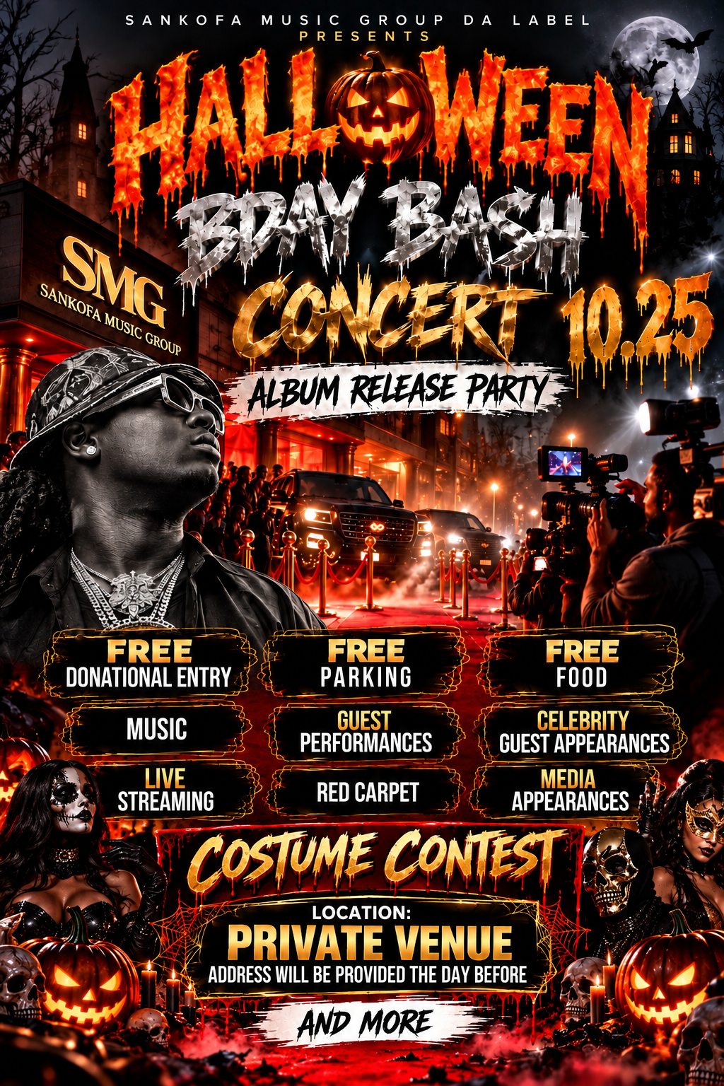 Halloween birthday bash concert and album release flyer