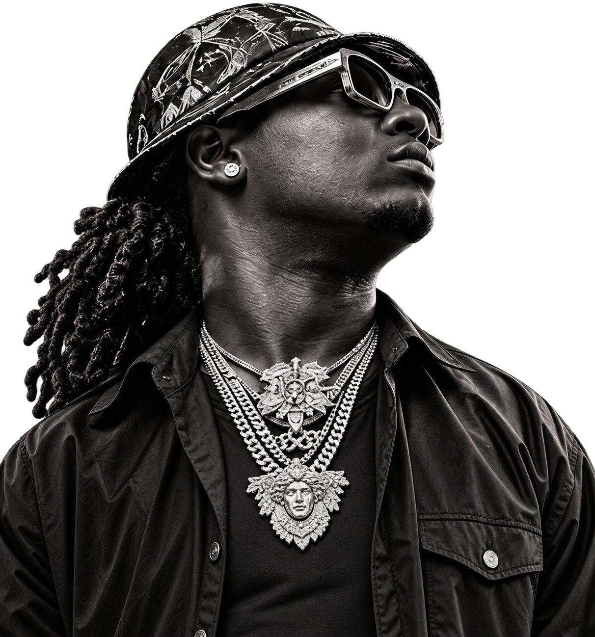 Diiiago Prada in a patterned bucket hat, sunglasses and signature chains